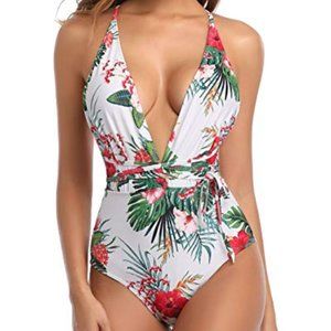 Holipick Plunge  Floral 1 pc V neck swimwear NEW